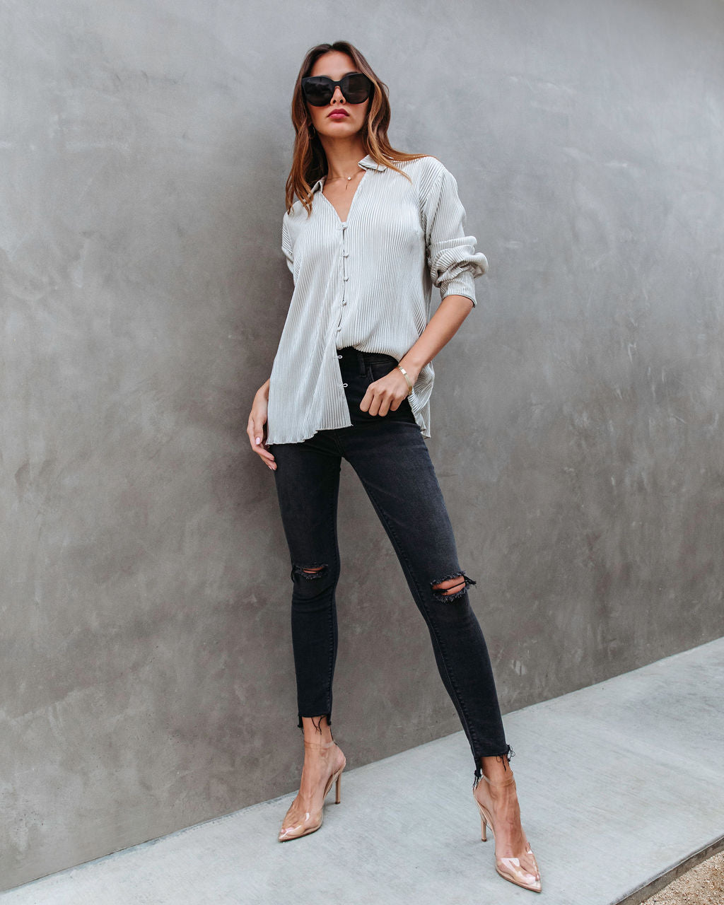 Center Piece Metallic Plisse Button Down Top - Silver