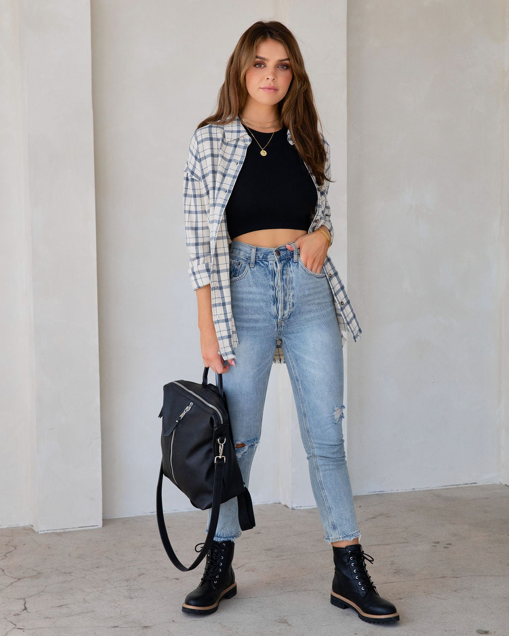 Farmers Market Lightweight Plaid Top - Off White - SALE