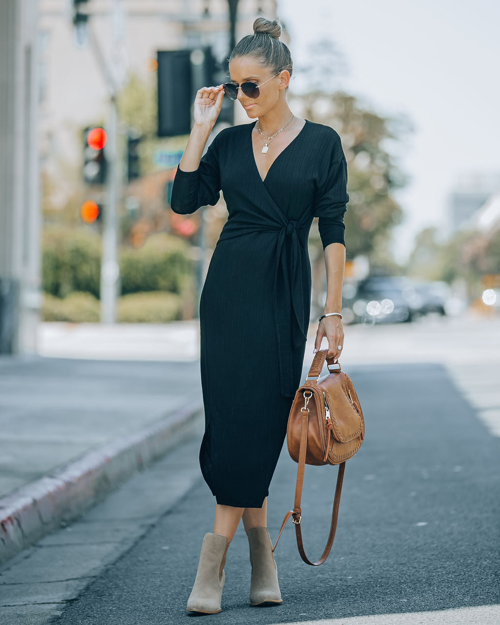 Dante Ribbed Knit Front Tie Midi Dress - Black