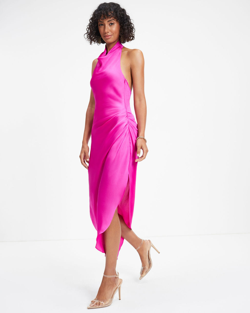 Havyn Satin Asymmetrical Halter Midi Dress - Fuchsia