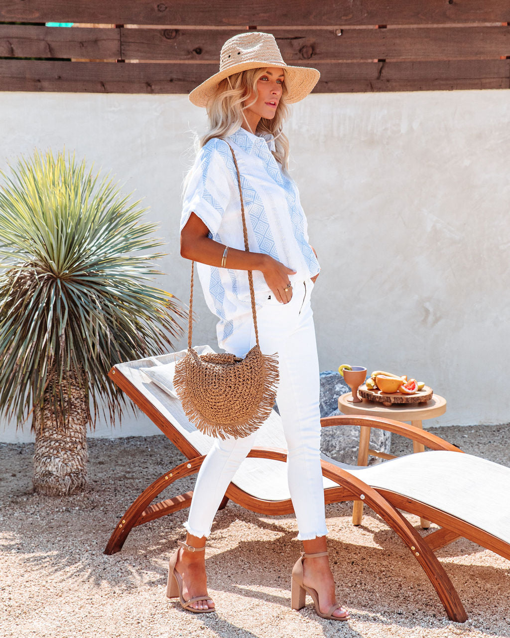 Carli Cotton Woven Shimmer Button Down Top - White Blue - SALE