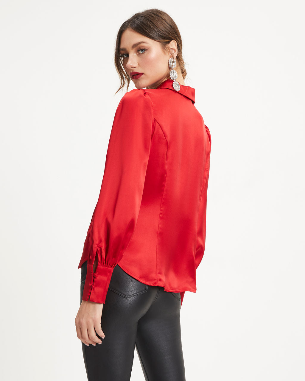 A Lovely Time Satin Embellished Button Down Top - Red