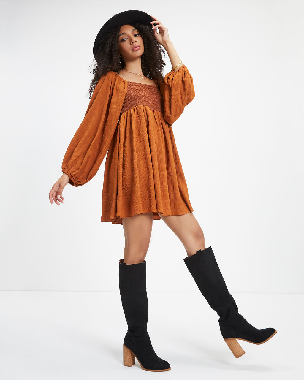 Lost In A Maze Textured Knit Babydoll Dress - Camel