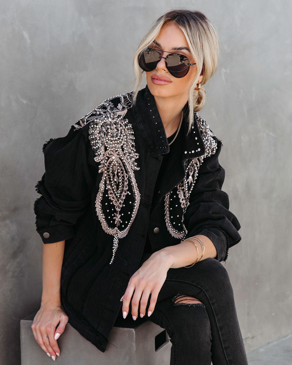 PREORDER - Glam Rodeo Pocketed Studded Embroidered Jacket - Black