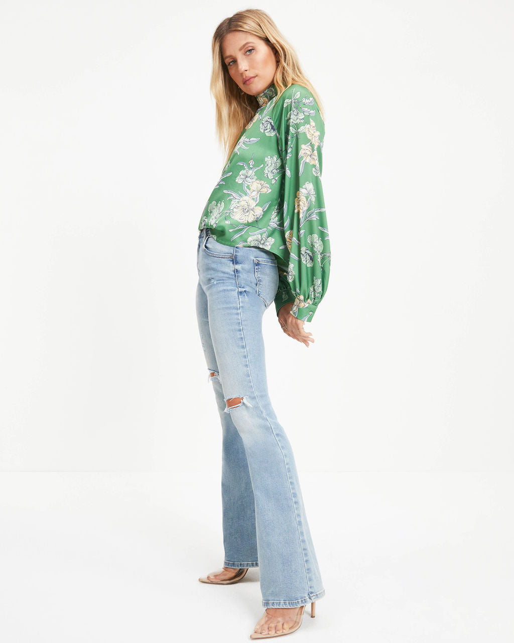 Peaceful Oasis Satin Floral Mock Neck Top