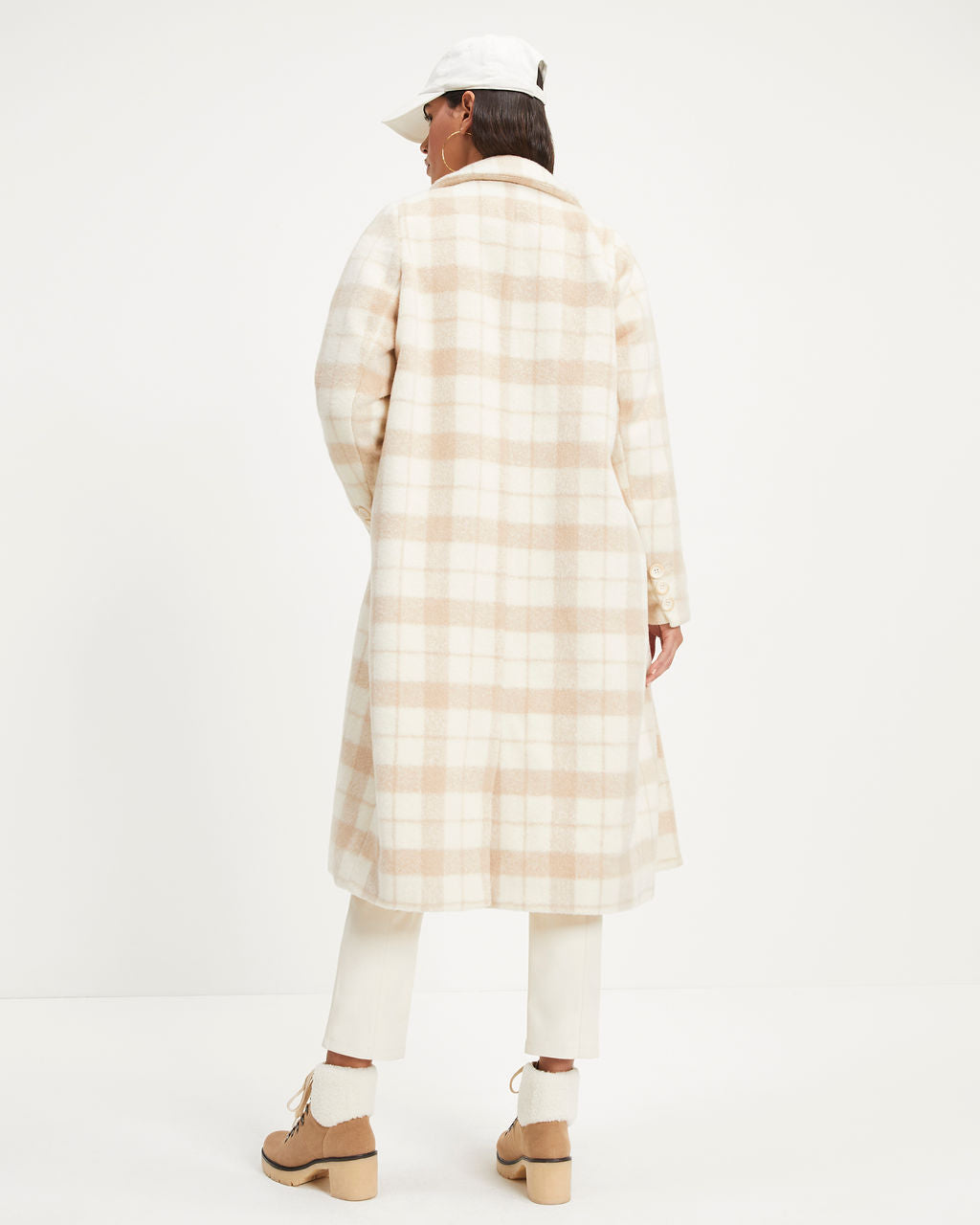 City Girl Pocketed Plaid Coat - Ivory