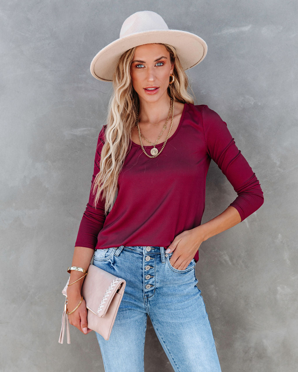 Elm Ribbed Long Sleeve Top - Burgundy - SALE