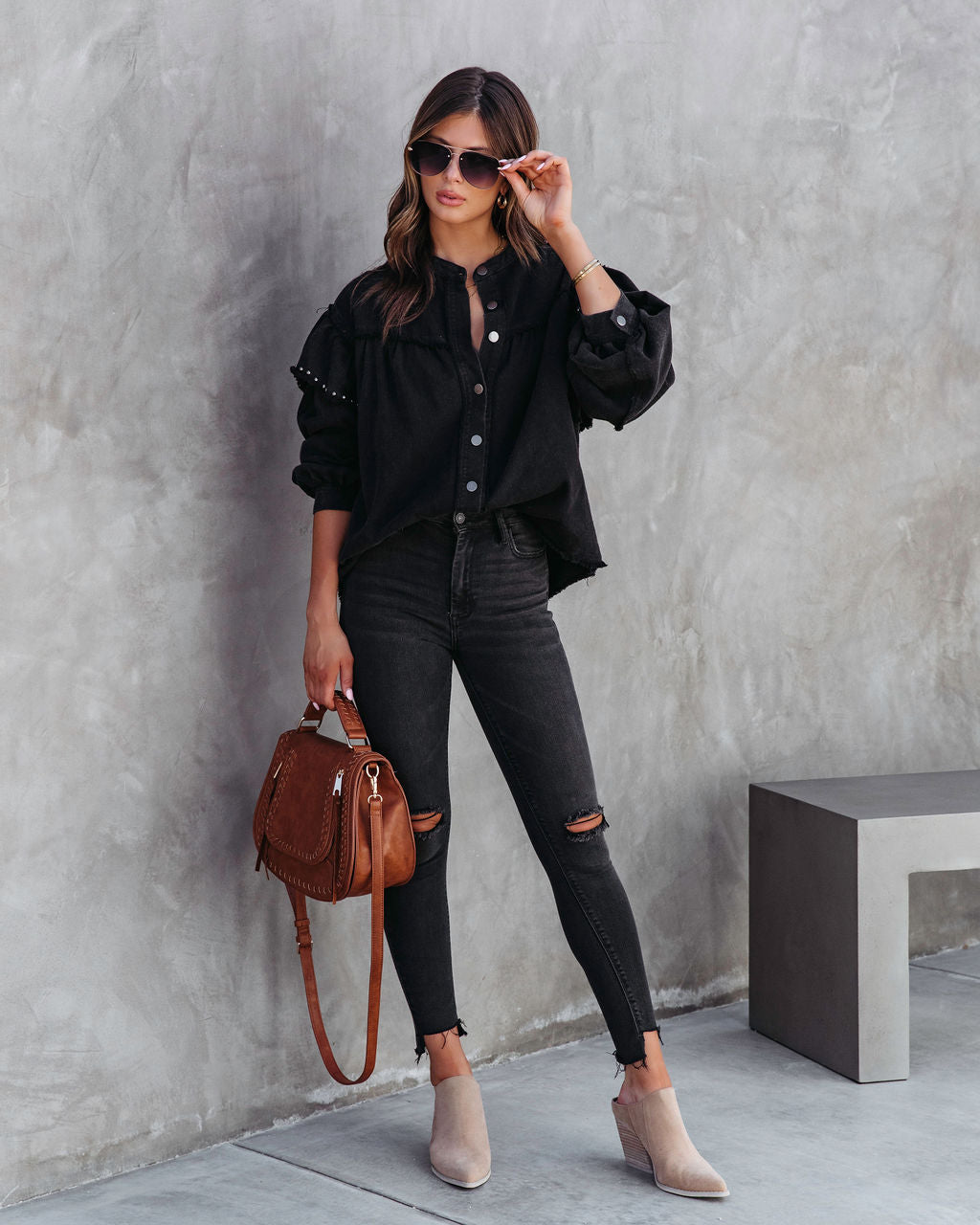 Darcey Denim Studded Frayed Lightweight Jacket - Black - SALE