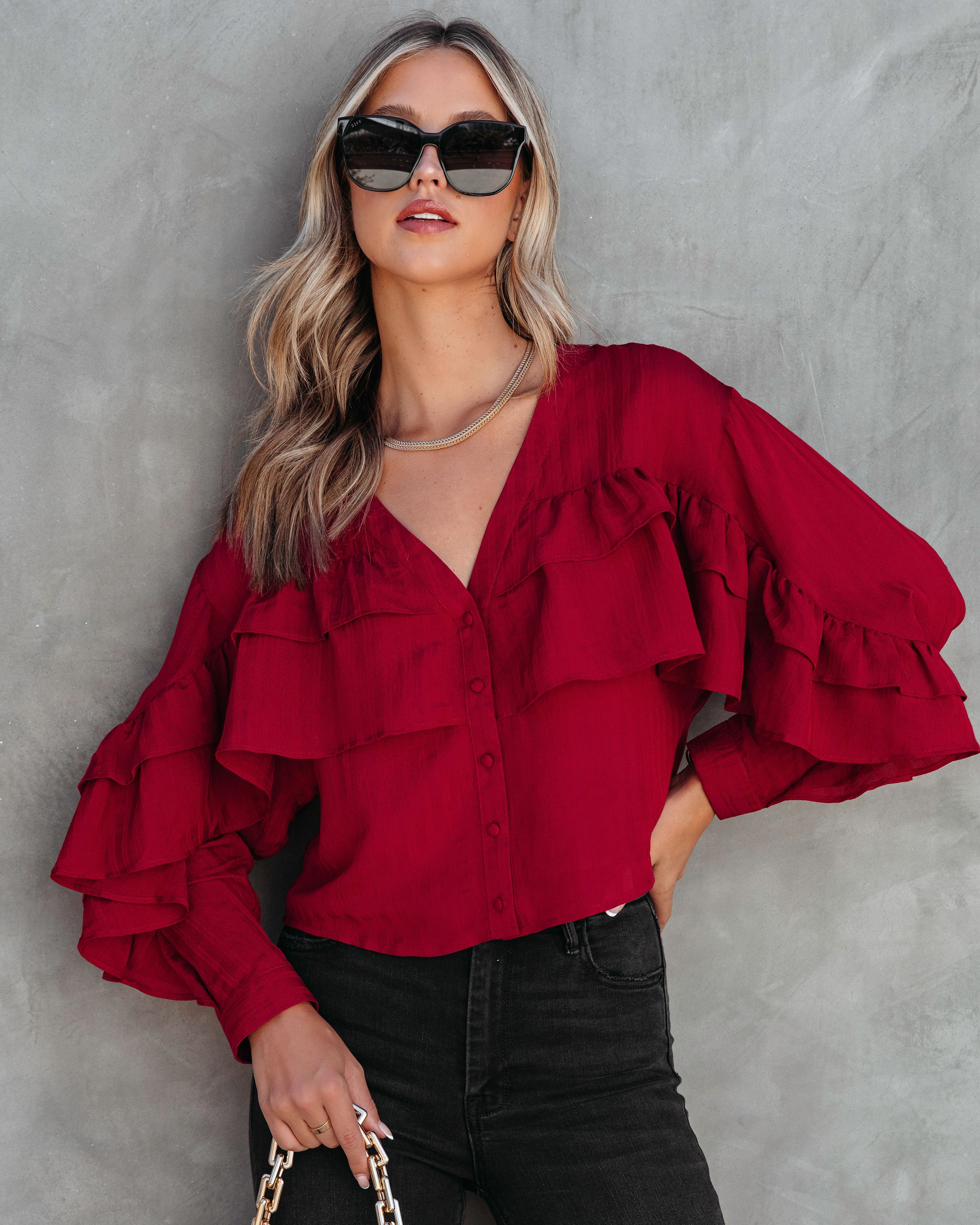 Mary Ruffle Button Down Top - Wine