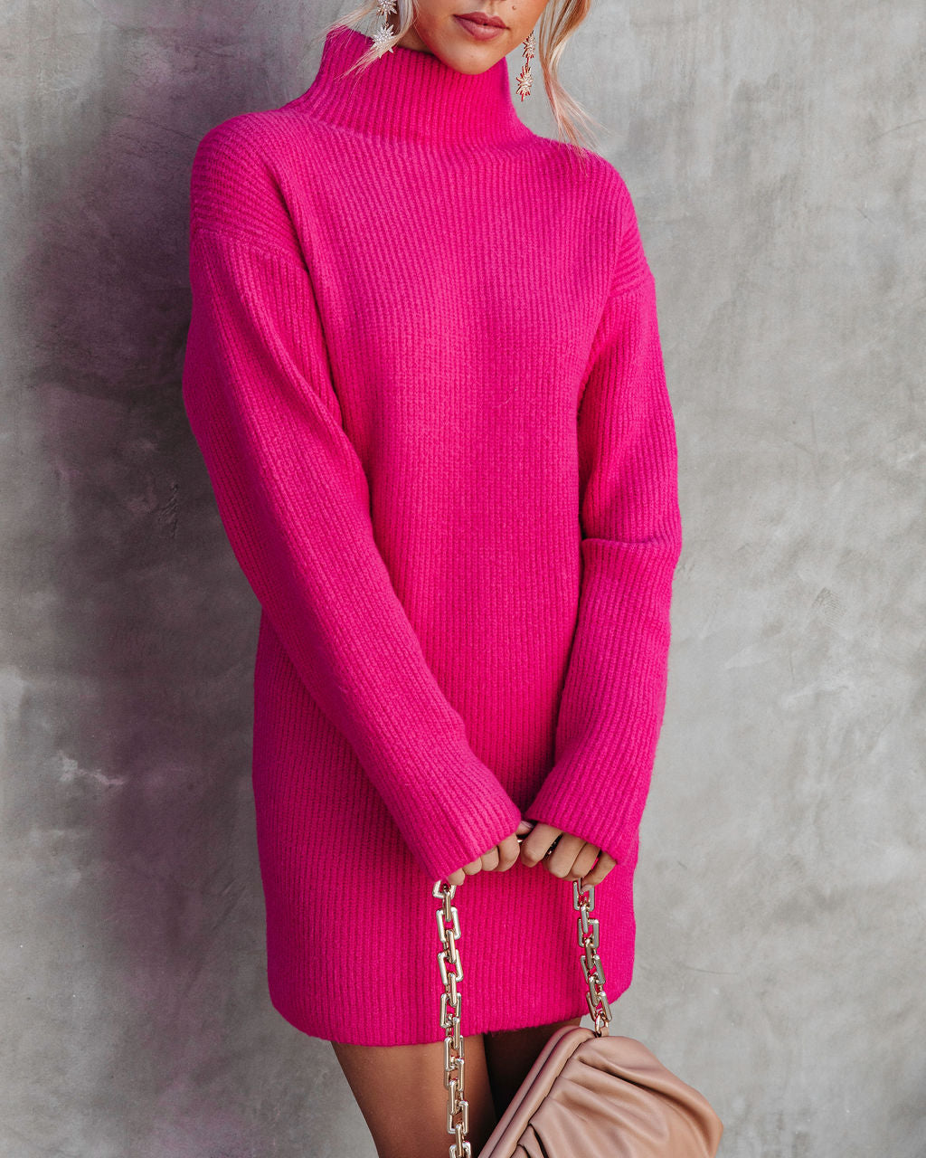 Uptown Girl Mock Neck Sweater Dress - Hot Pink