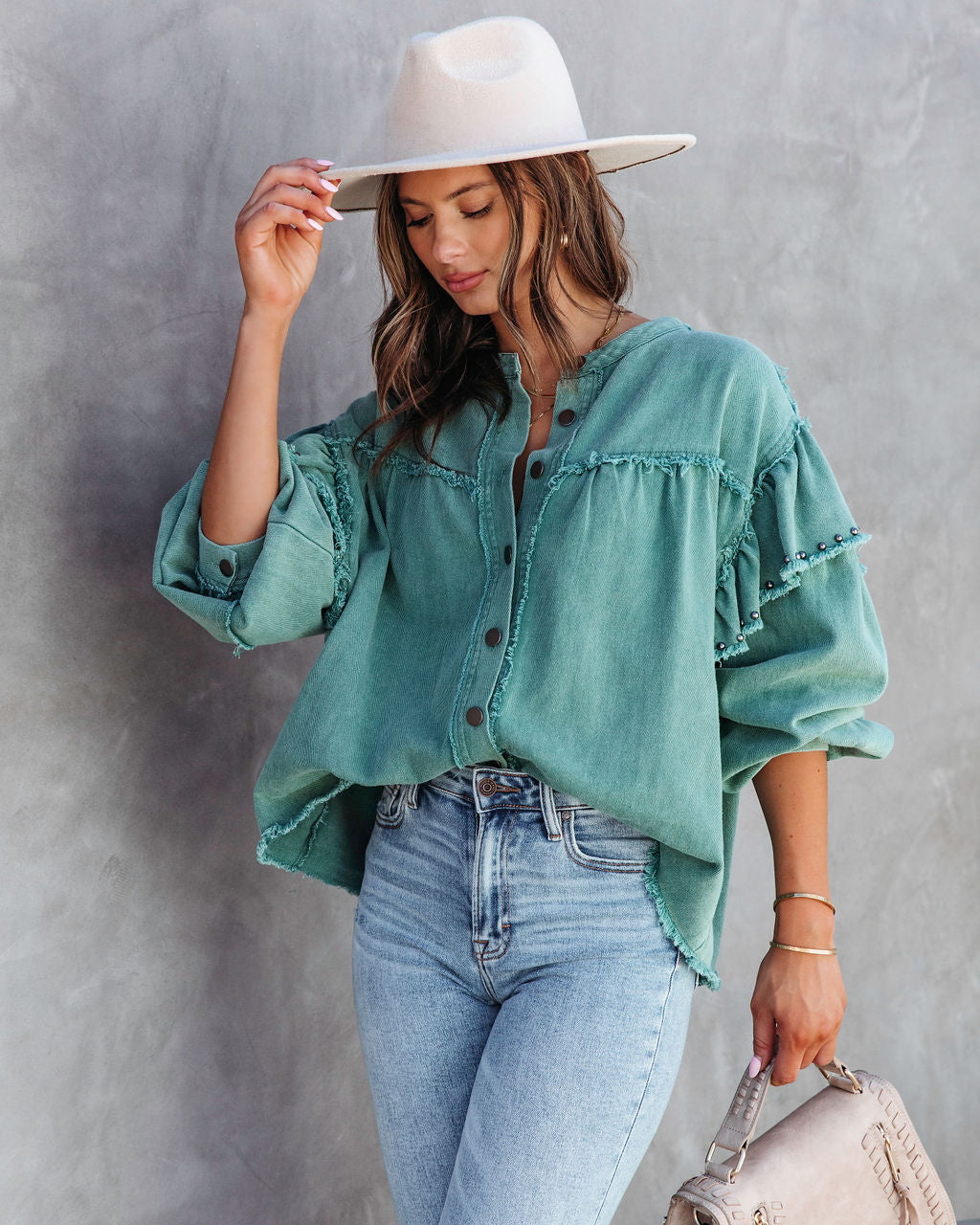 Darcey Denim Studded Frayed Lightweight Jacket - Jade Green - SALE