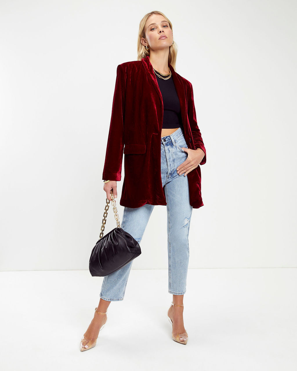 Chicest Pocketed Velvet Blazer - Ruby