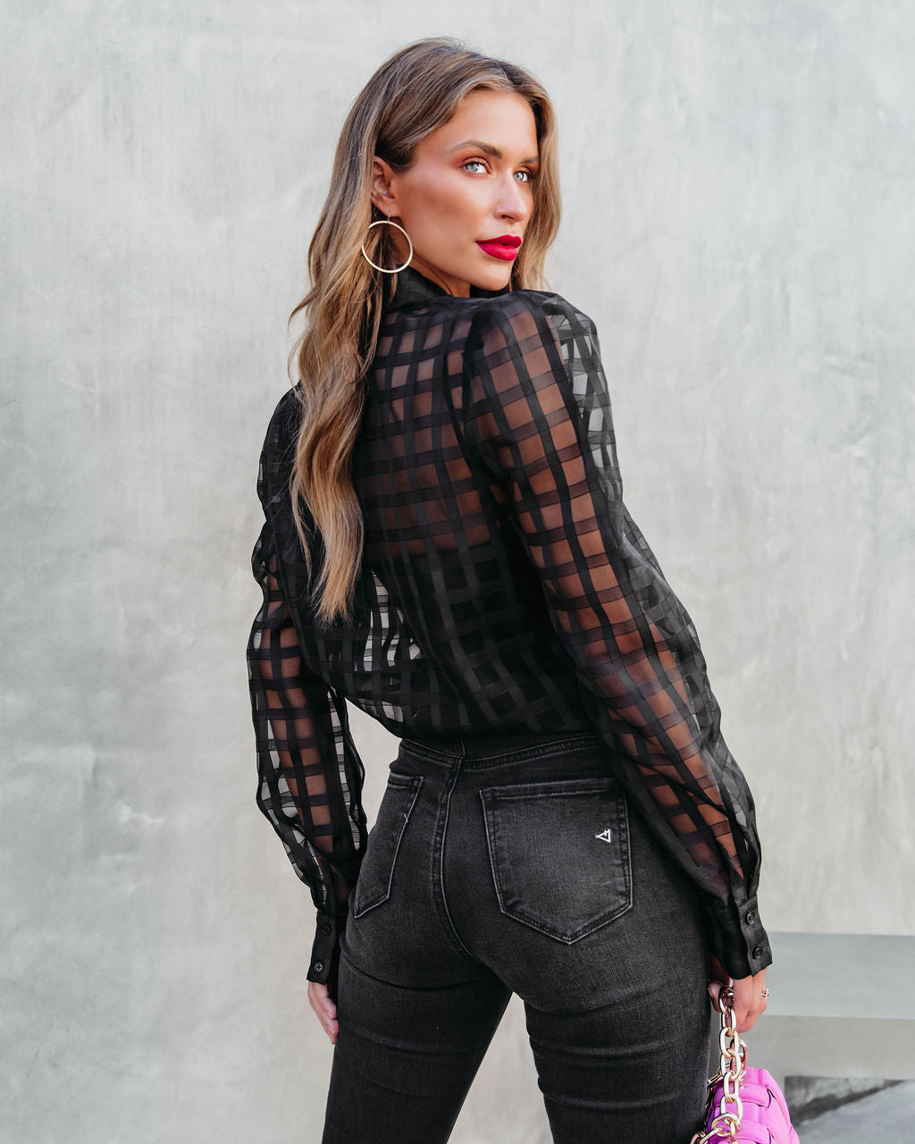 First Lady Checkered Organza Button Down Top - Black