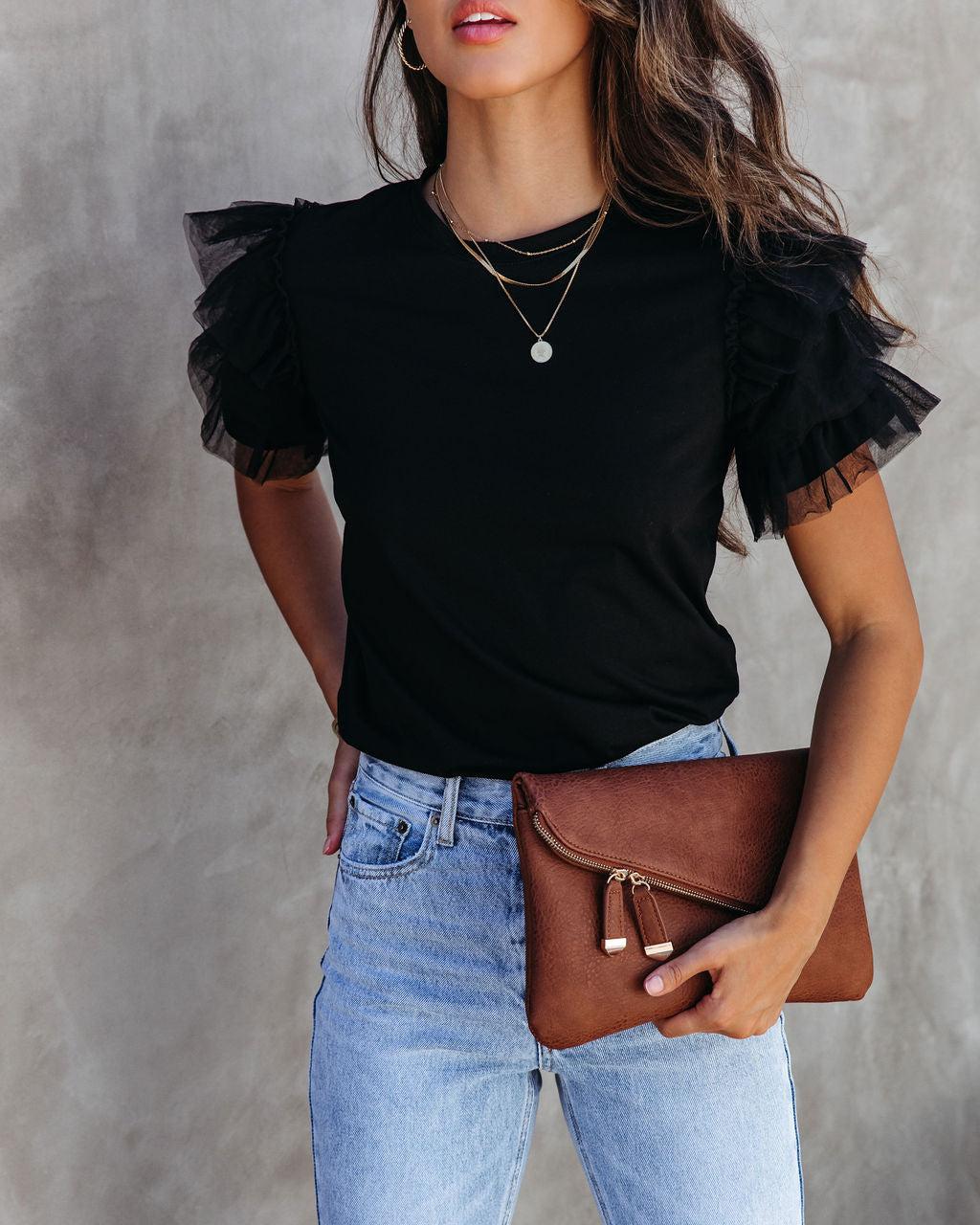 Carey Tulle Puff Sleeve Top - Black