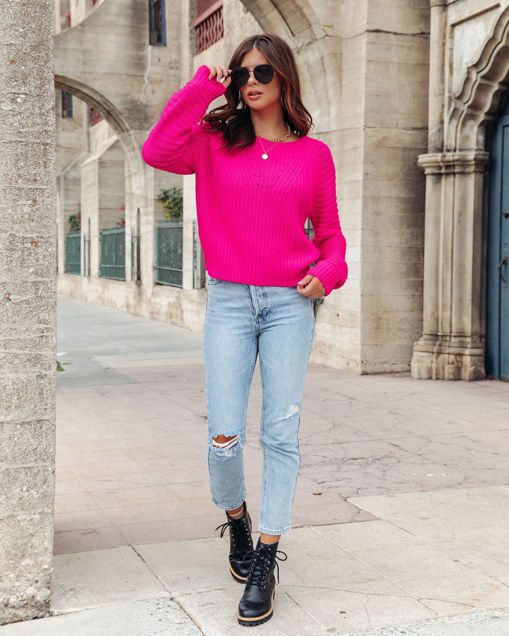 Hype Gal Knit Pullover Sweater - Neon Pink