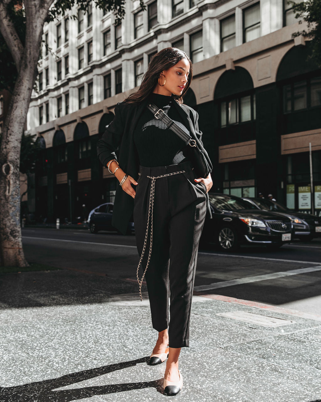 Classic Business Pocketed Chain Belt Trousers - Black