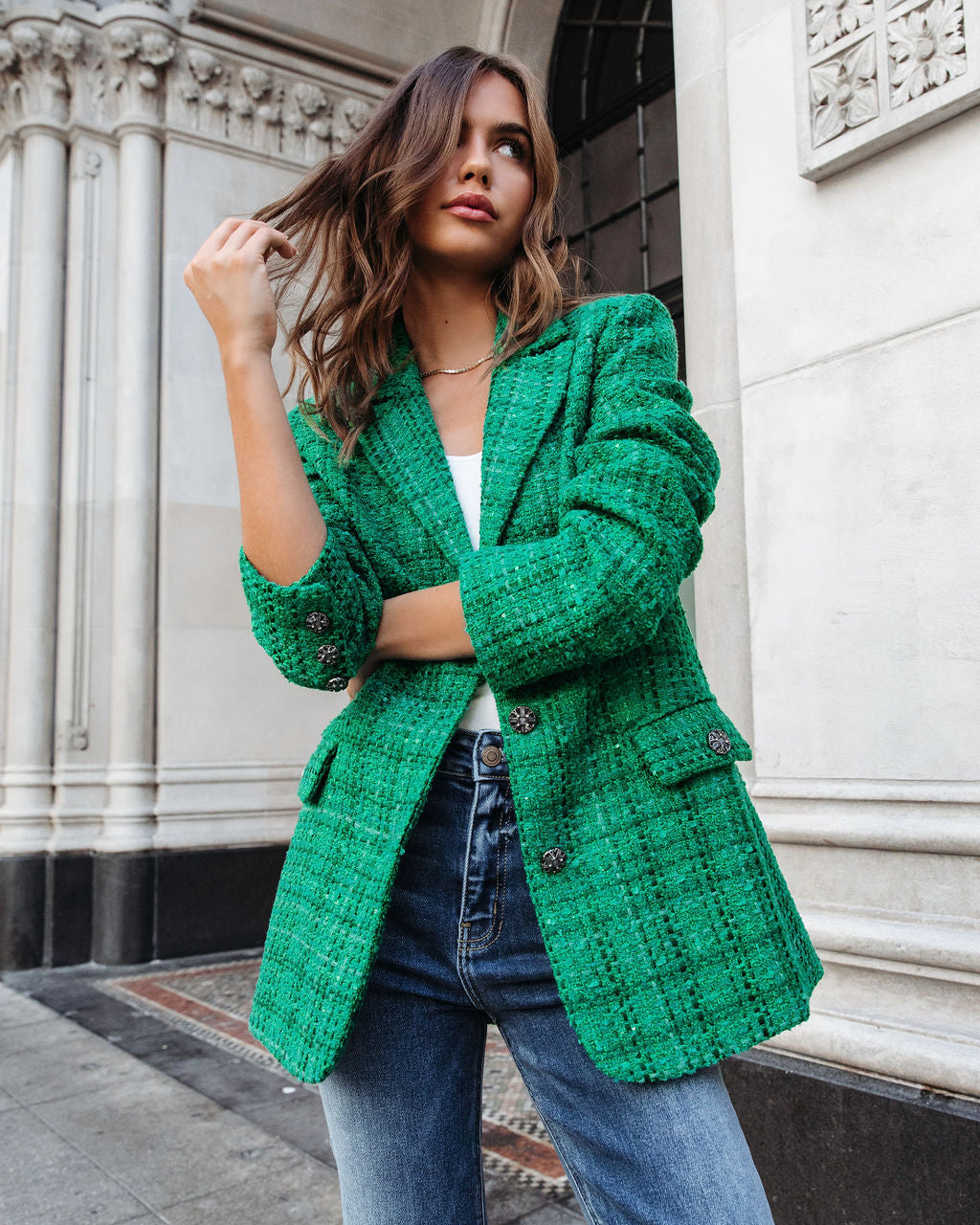 Priestly Pocketed Tweed Blazer - Emerald