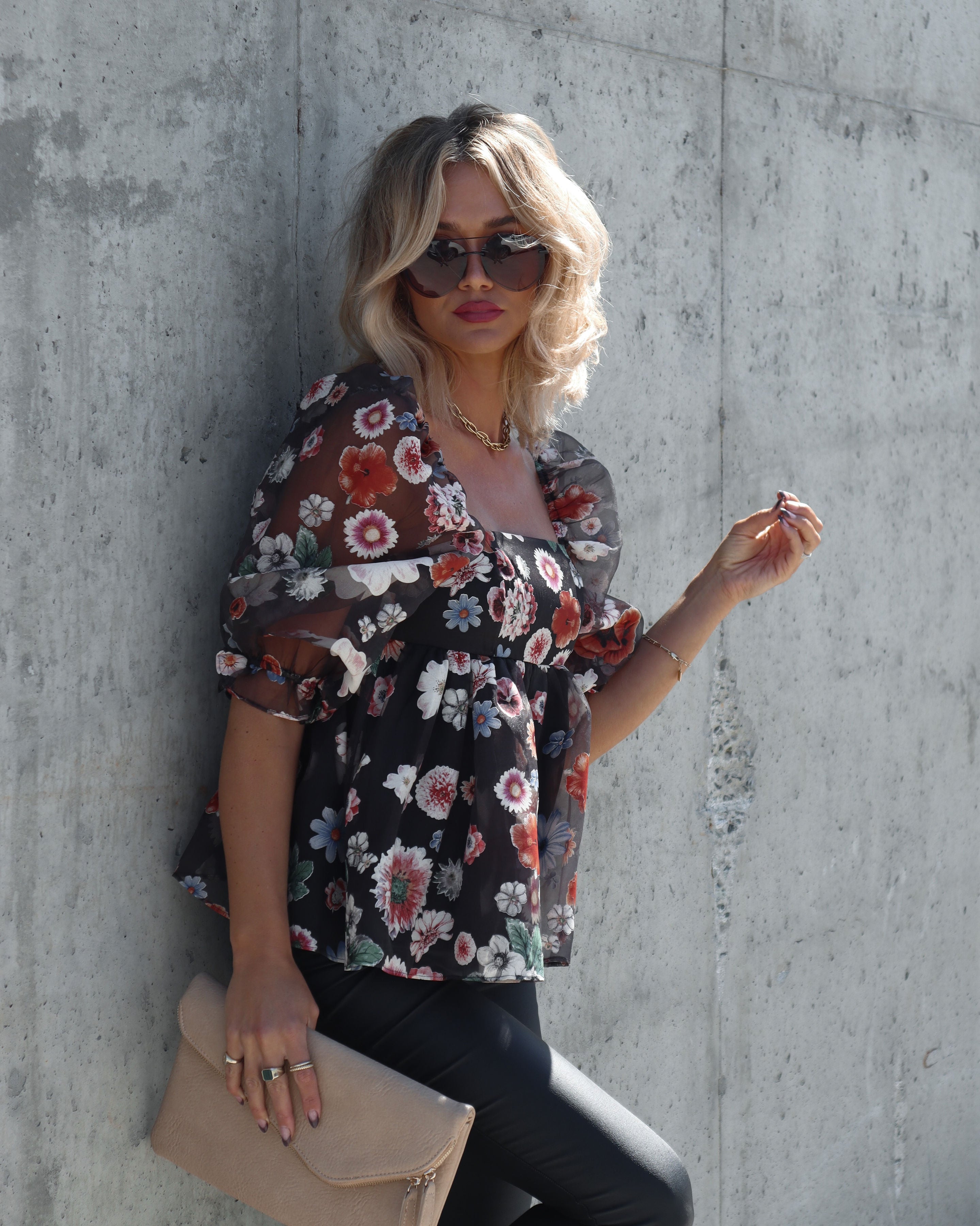 Blooming Autumn Organza Puff Sleeve Babydoll Top - Black