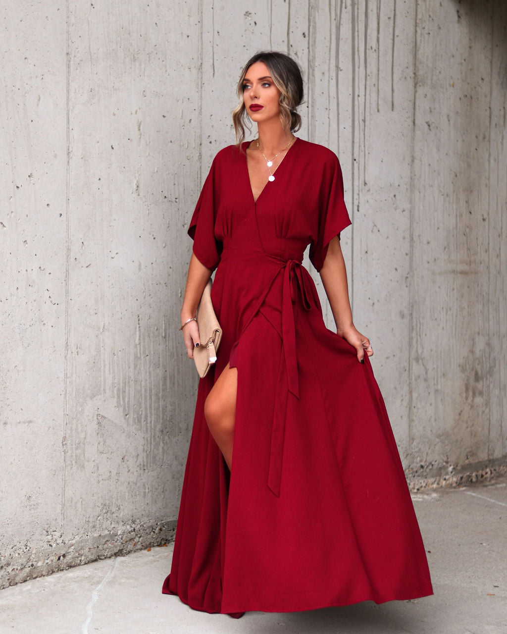 Behati Wrap Kimono Maxi Dress - Burgundy
