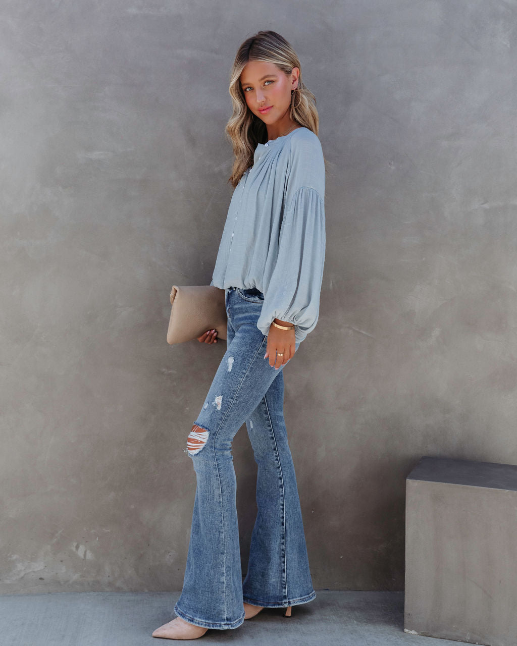 Bodhi Balloon Sleeve Button Up Top - Light Blue