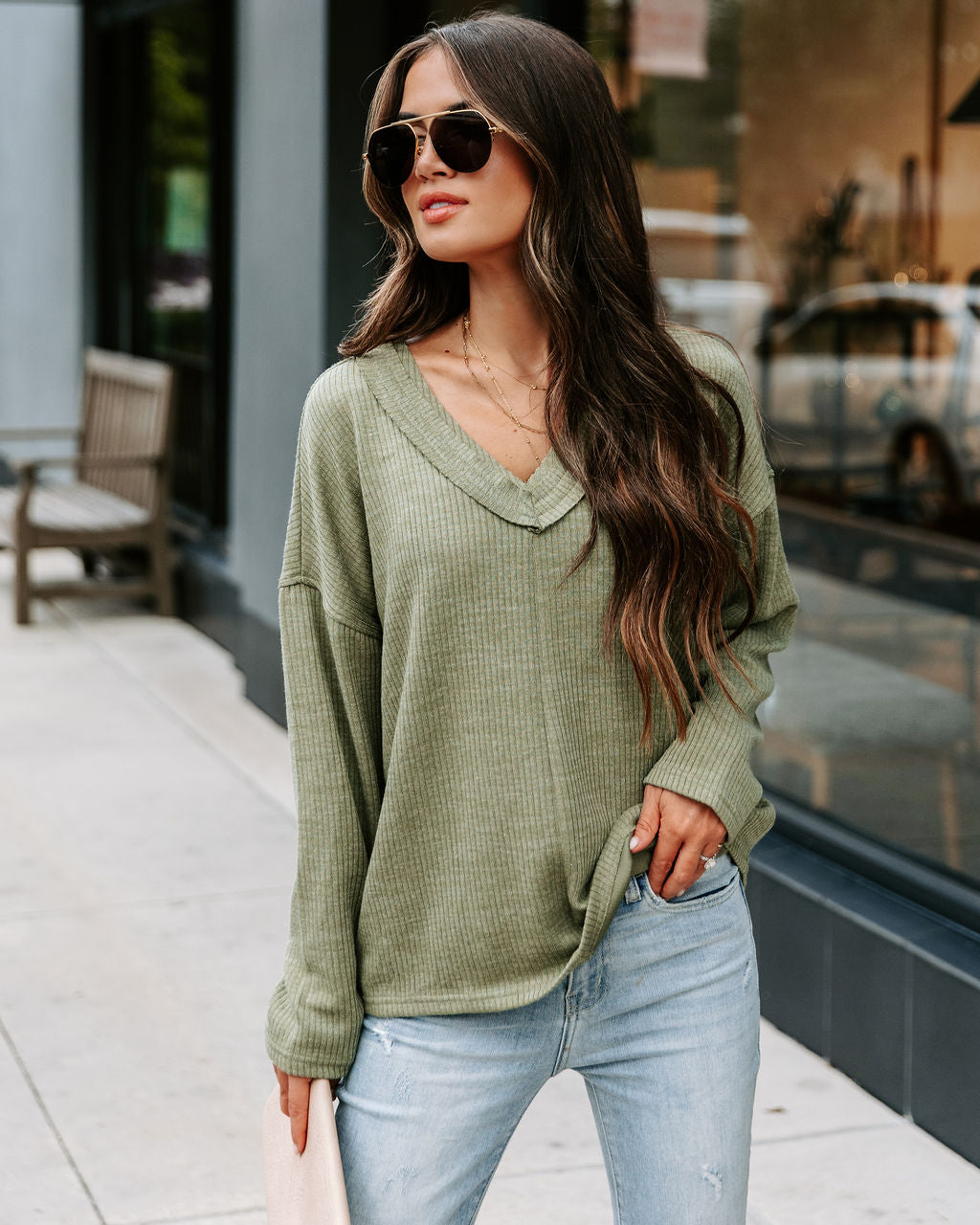 Touch Of Fall Oversized Ribbed Long Sleeve Top - Olive