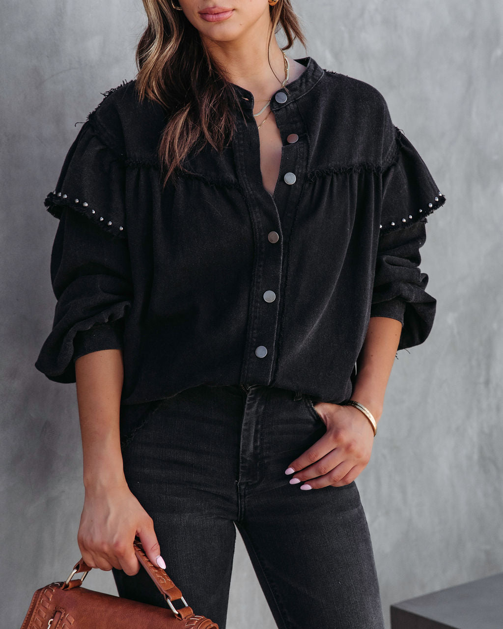 Darcey Denim Studded Frayed Lightweight Jacket - Black - SALE