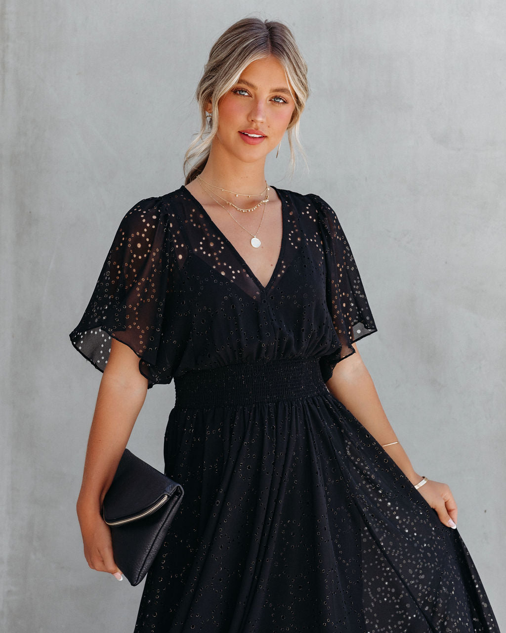 Thumbelina Metallic Eyelet Midi Dress - Black