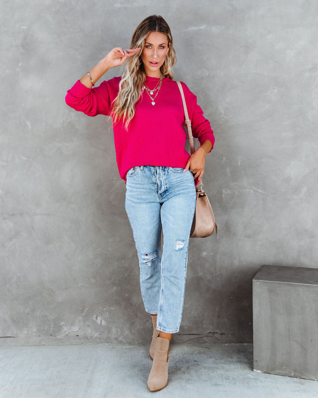 Korey Knit Oversized Pullover Sweater - Bright Pink