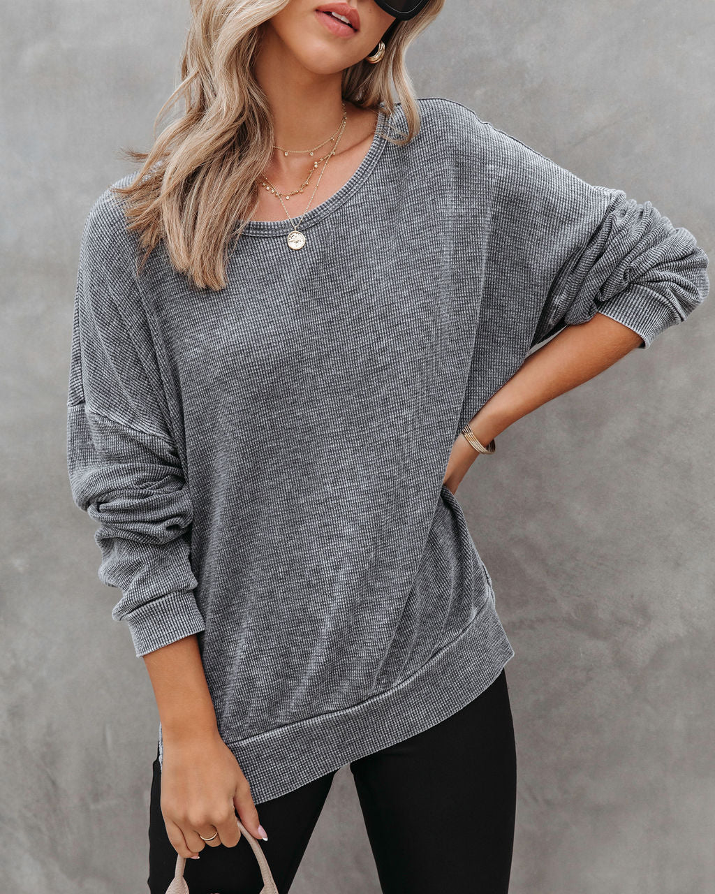 Tahoe Bound Waffle Knit Long Sleeve Top - Charcoal