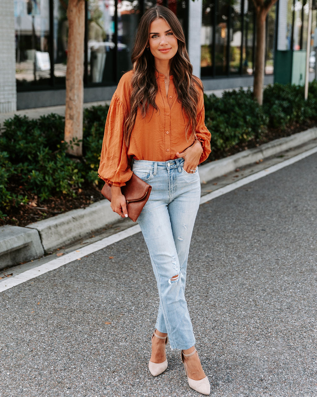 Asher Balloon Sleeve Button Down Top - Clay - SALE