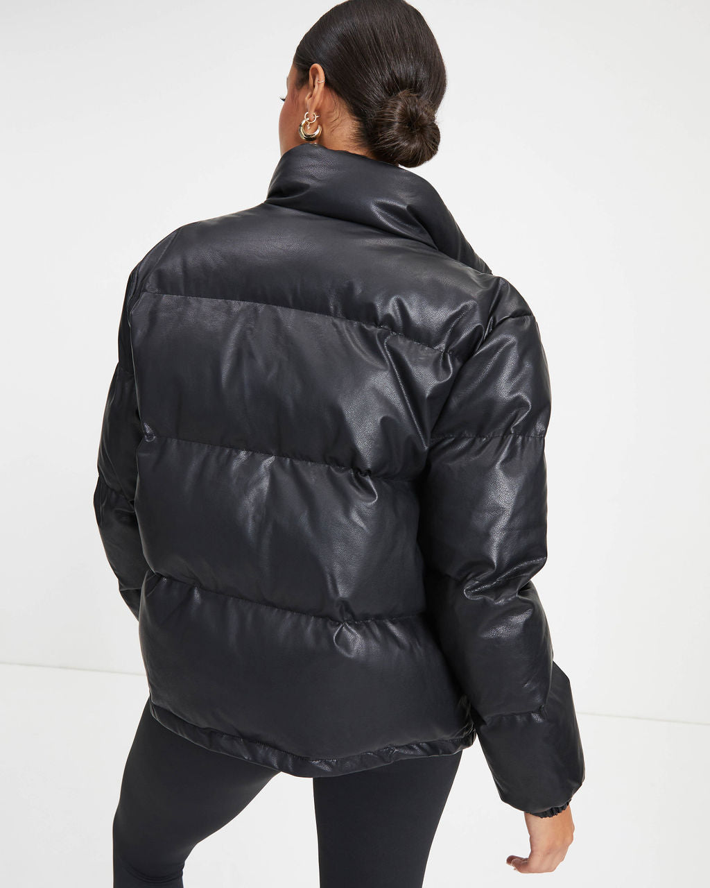 Raza Pocketed Faux Leather Puffer Jacket - Black
