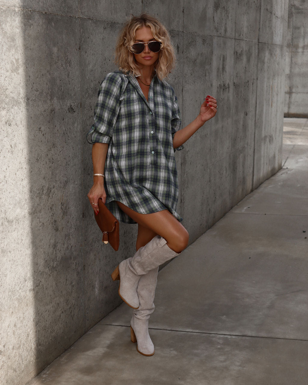 Averie Plaid Pocketed Shirt Dress - Green