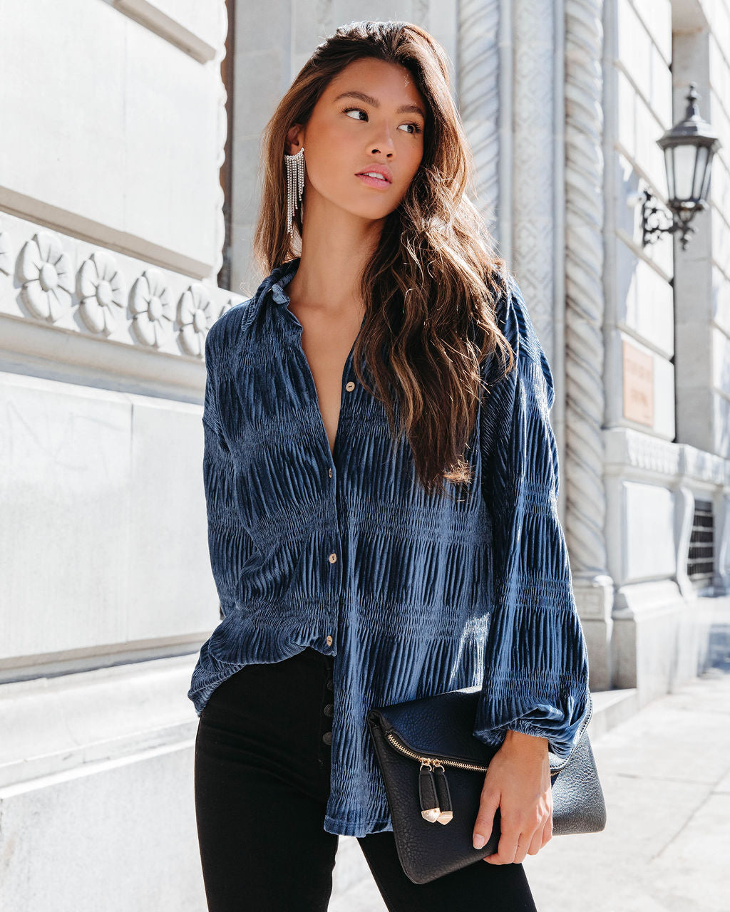 Bette Textured Velvet Button Down Top - Blue
