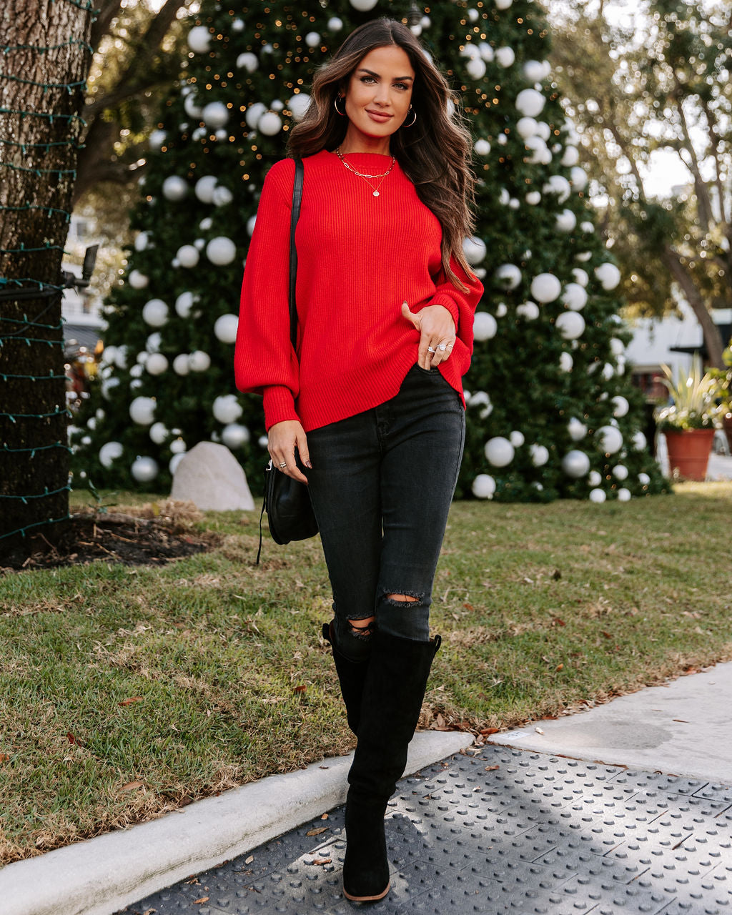 Baby It'S You Knit Balloon Sleeve Pullover Sweater - Red