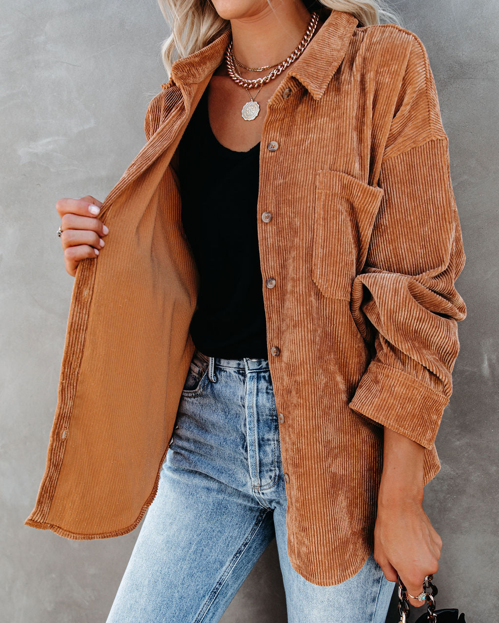 Kamryn Corduroy Button Down Pocket Top - Camel