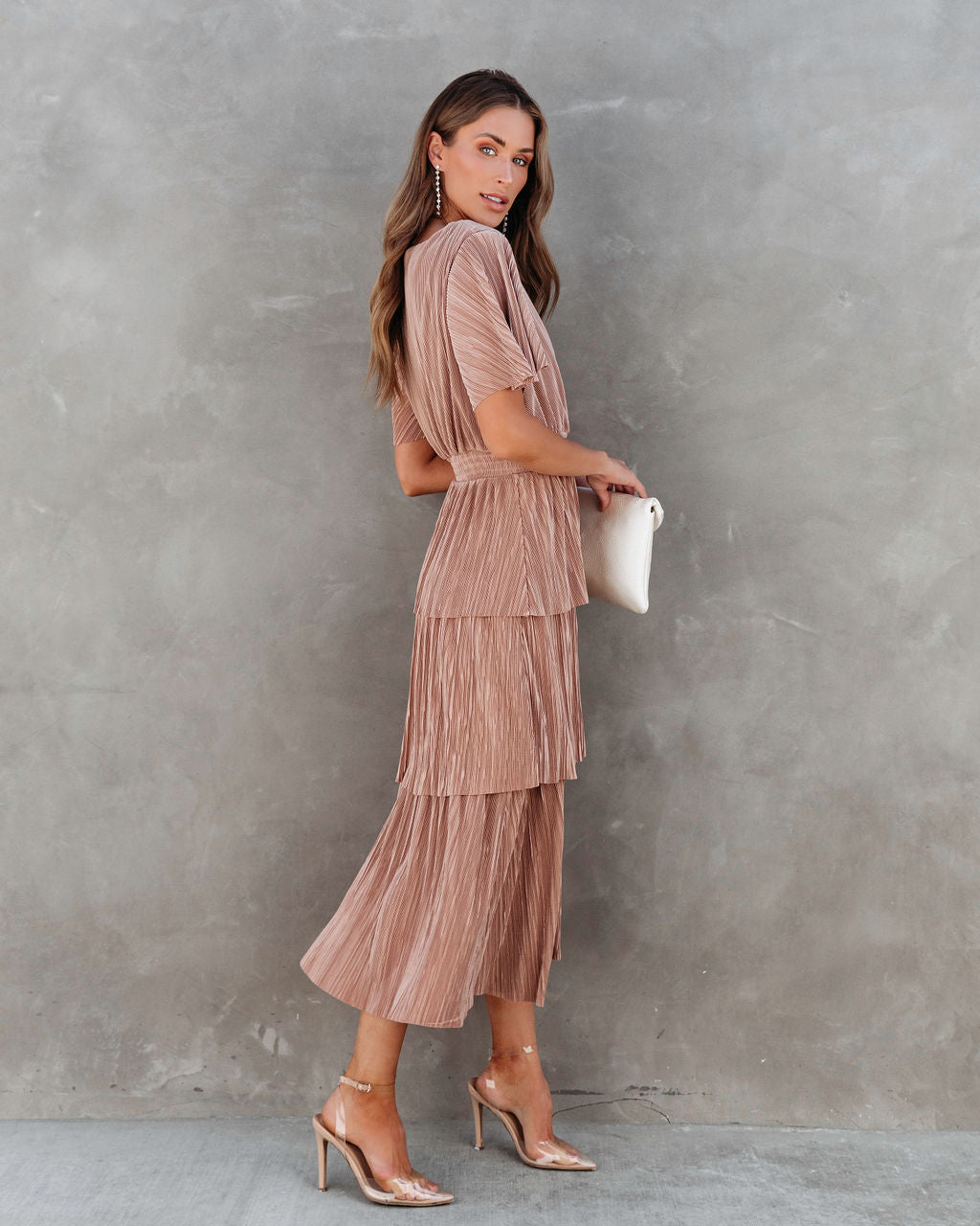 Perfect For Me Plisse Tiered Midi Dress - Mauve