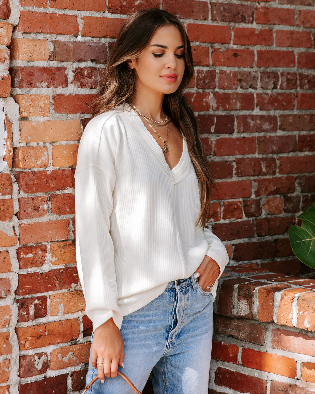 Essential V-Neck Long Sleeve Top - Cream - FINAL SALE