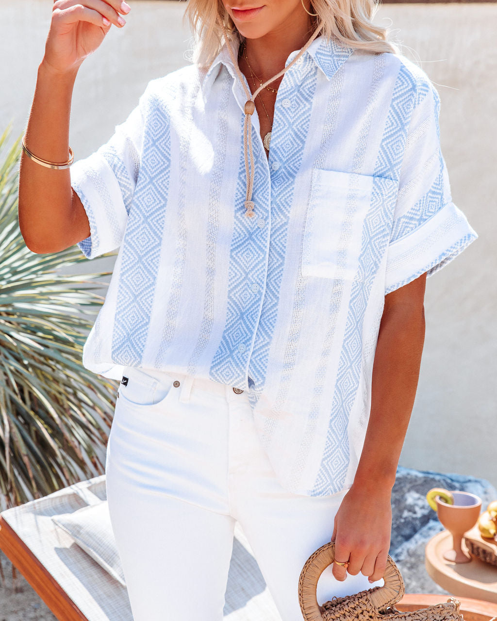 Carli Cotton Woven Shimmer Button Down Top - White Blue - SALE