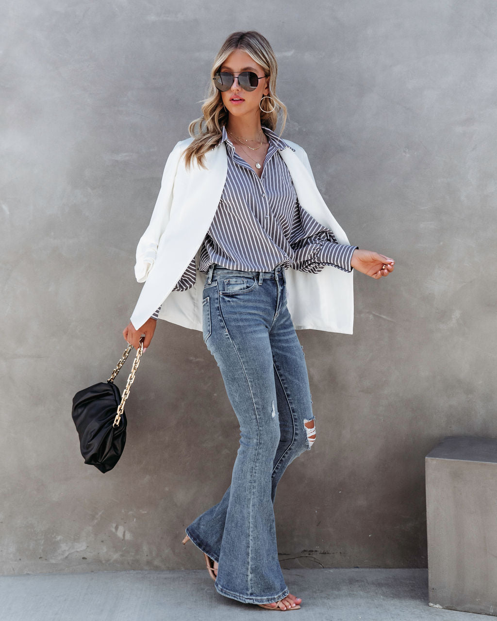 Classic Moment Striped Button Down Top - Charcoal