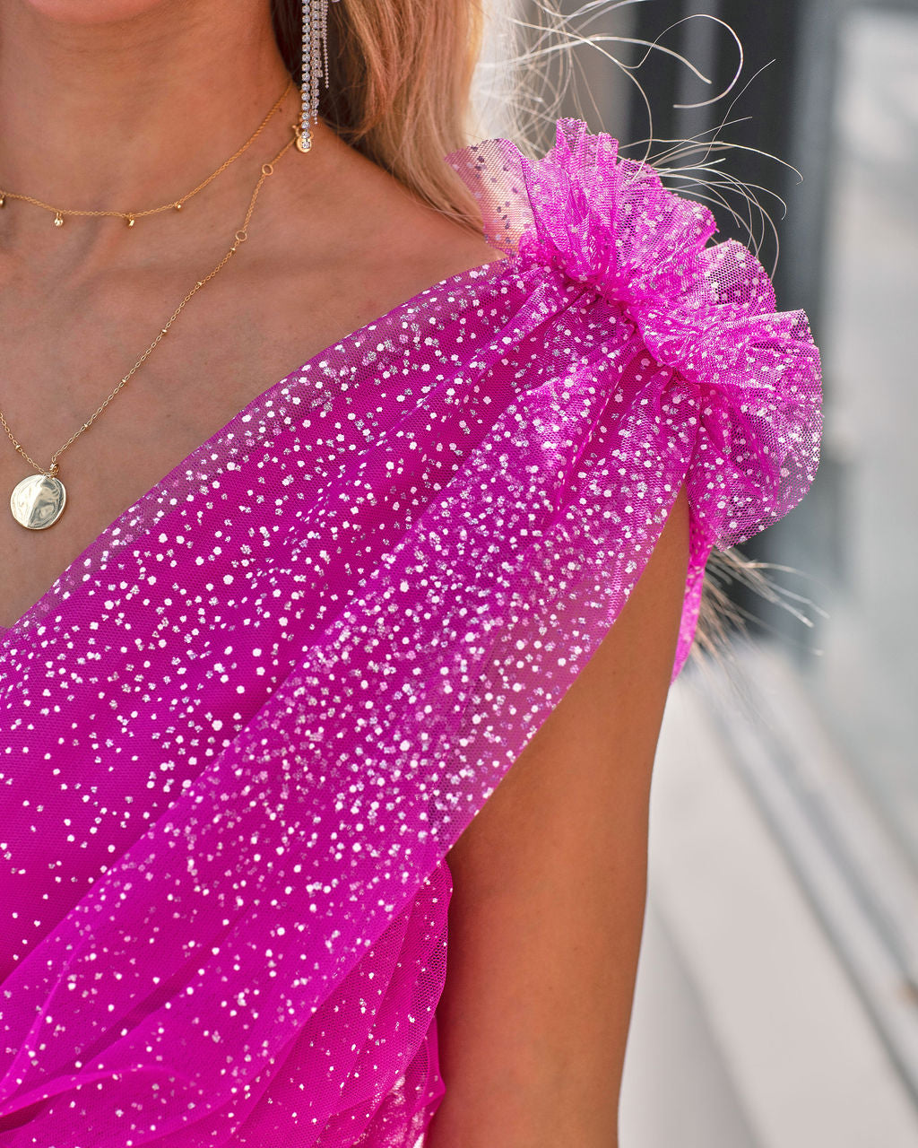 Glitter Always Tulle Tiered Mini Dress - Hot Pink - SALE