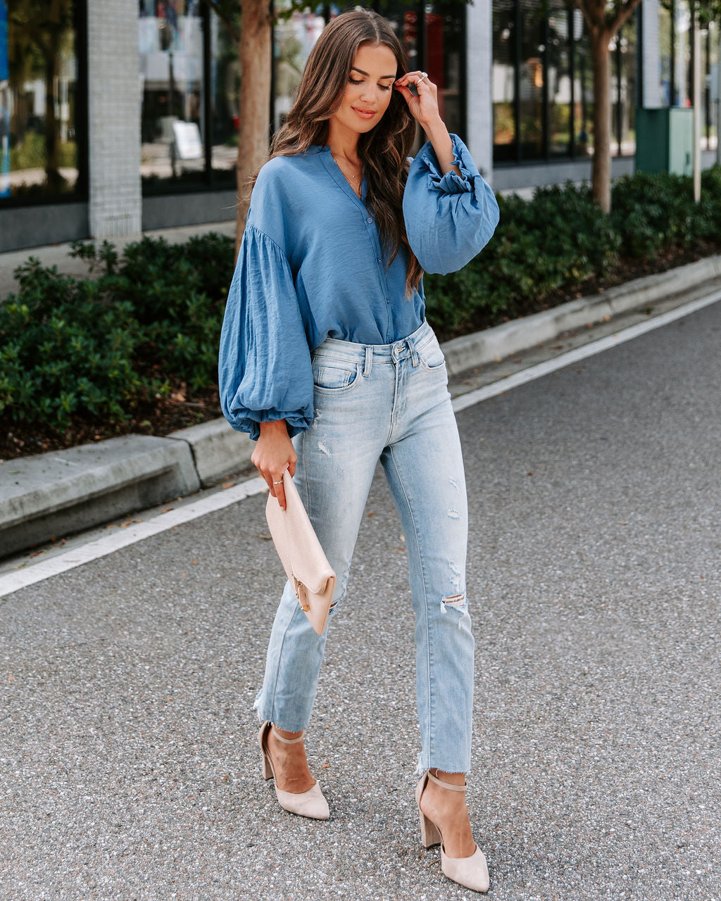 Asher Balloon Sleeve Button Down Top - Blue - SALE