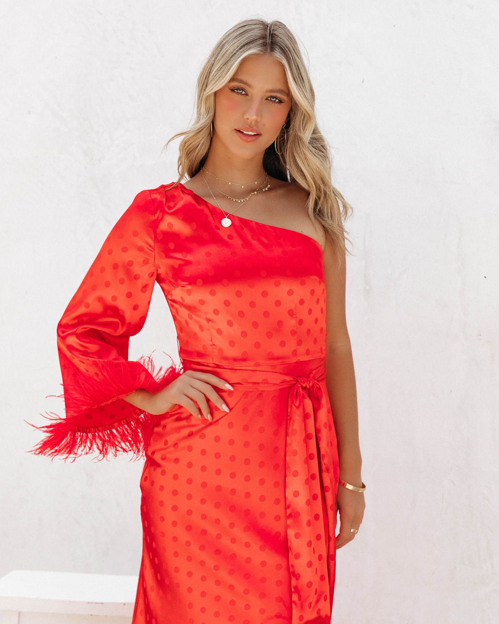 Margaux Satin Feather Trim Midi Dress - Red - FINAL SALE