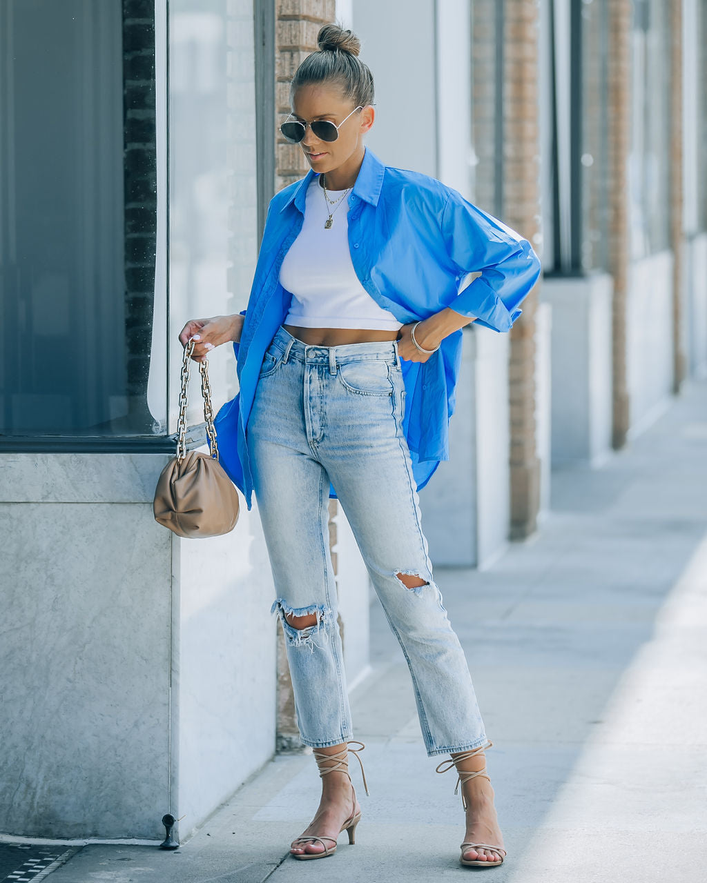 Leslie Button Up Cotton Top - Blue - FINAL SALE