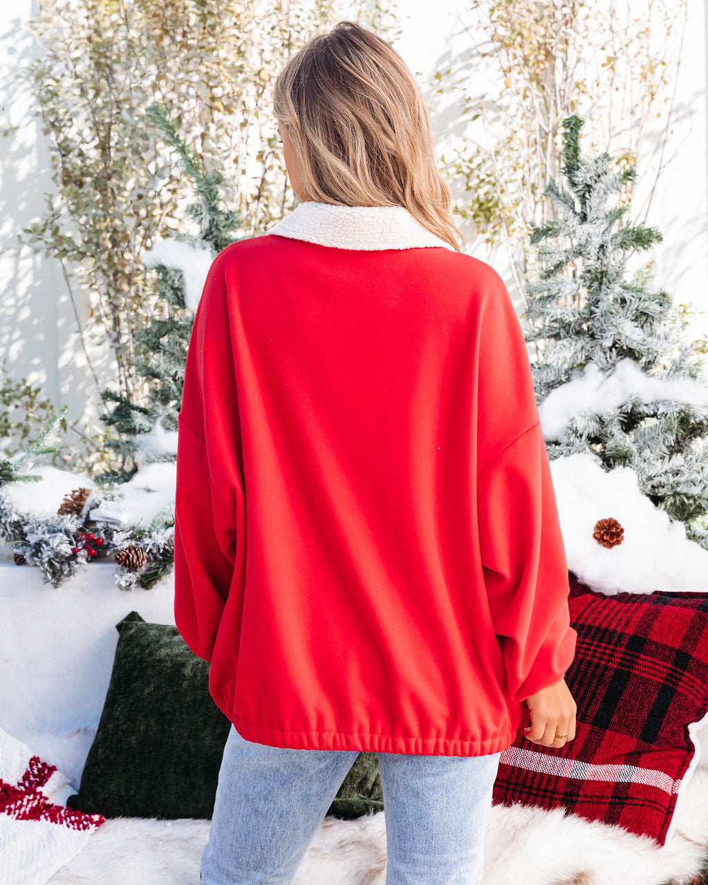 Powder And Pine Half Zip Sherpa Trim Pocketed Pullover Sweater - Red