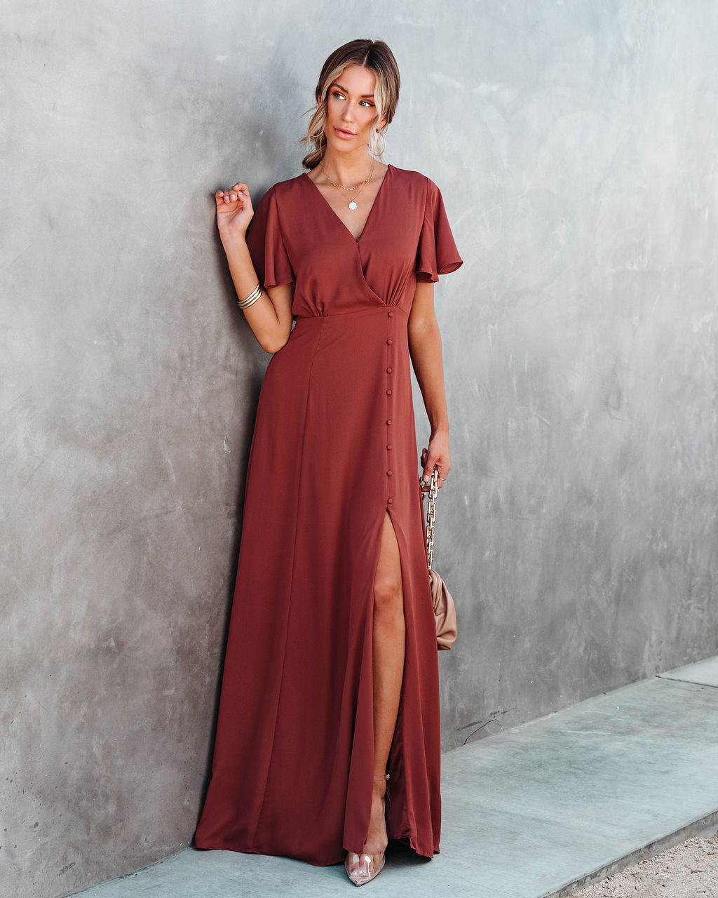 Last Forever Flutter Sleeve Maxi Dress - Brown Rust
