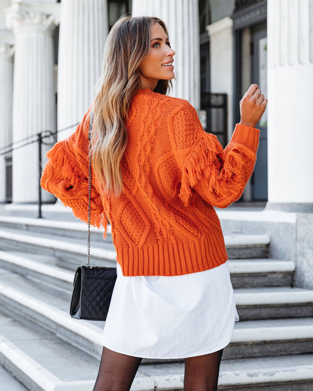 Sun Goes Down Cable Knit Fringe Pullover Sweater - Orange