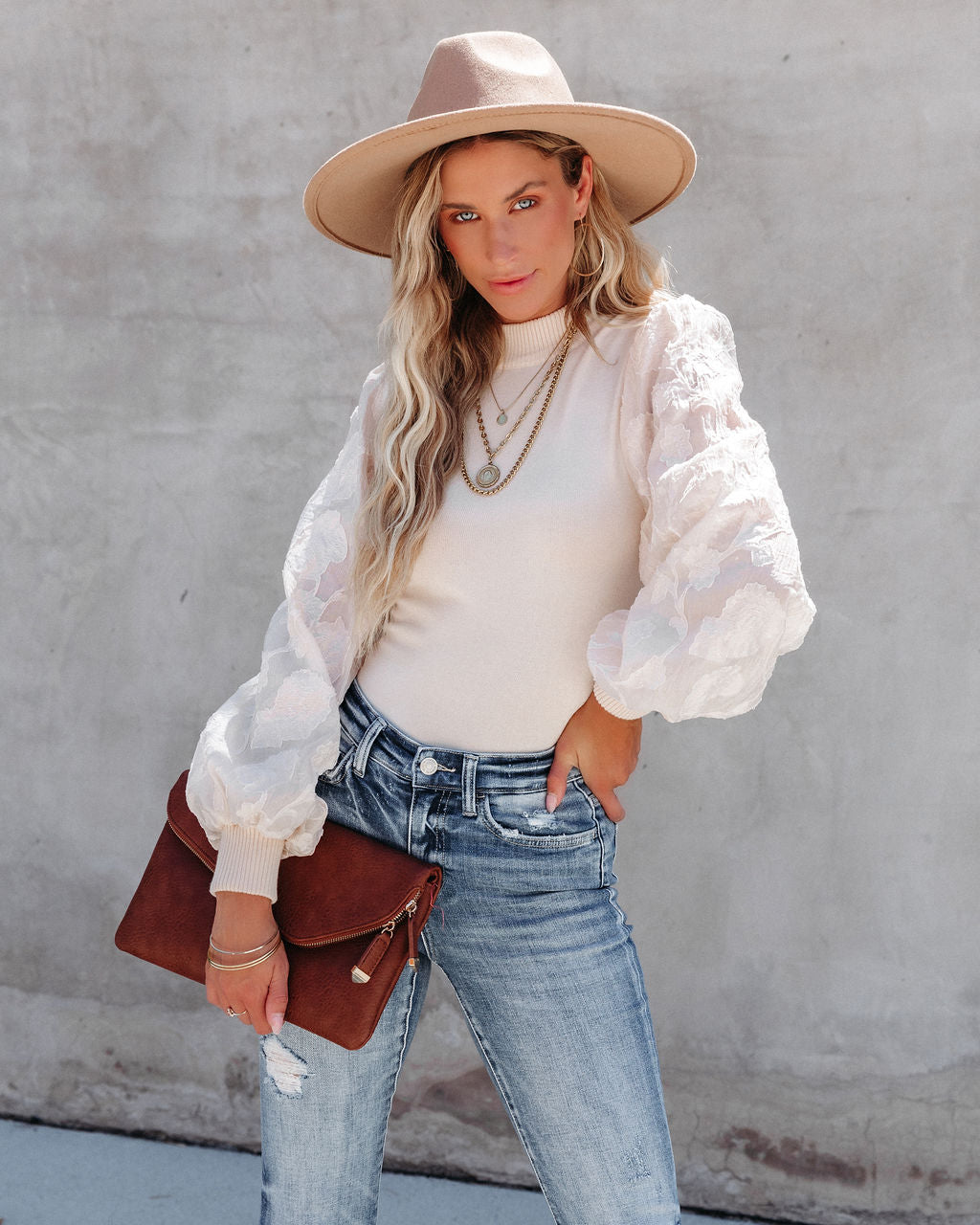 Antoinette Organza Knit Contrast Top - Cream - SALE