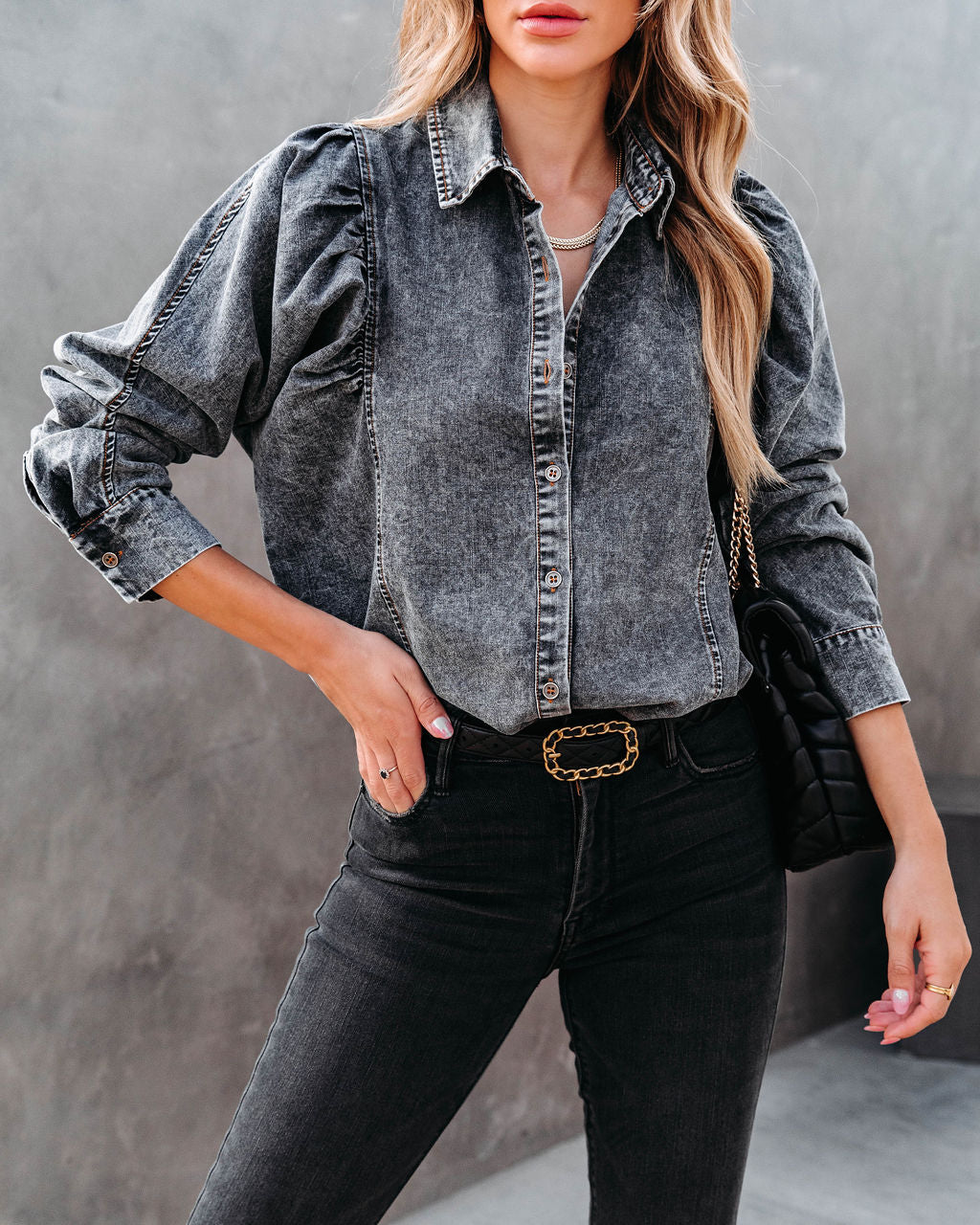 Express Yourself Cotton Mineral Wash Button Down Top - Black Wash