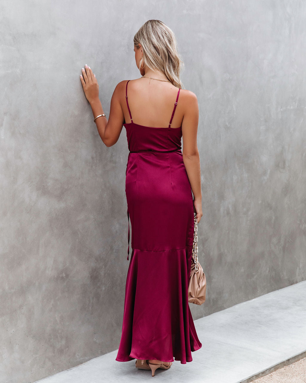 Undeniable Love Satin Ruffle Maxi Dress - Wine