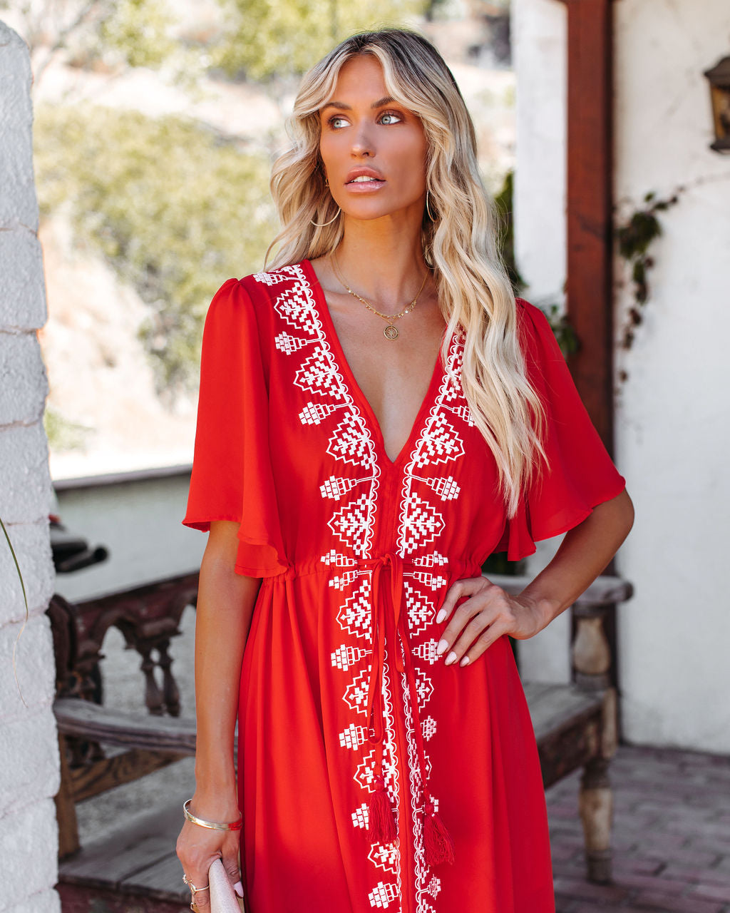 Presidio Embroidered Tassel Midi Dress - Tomato Red - FINAL SALE